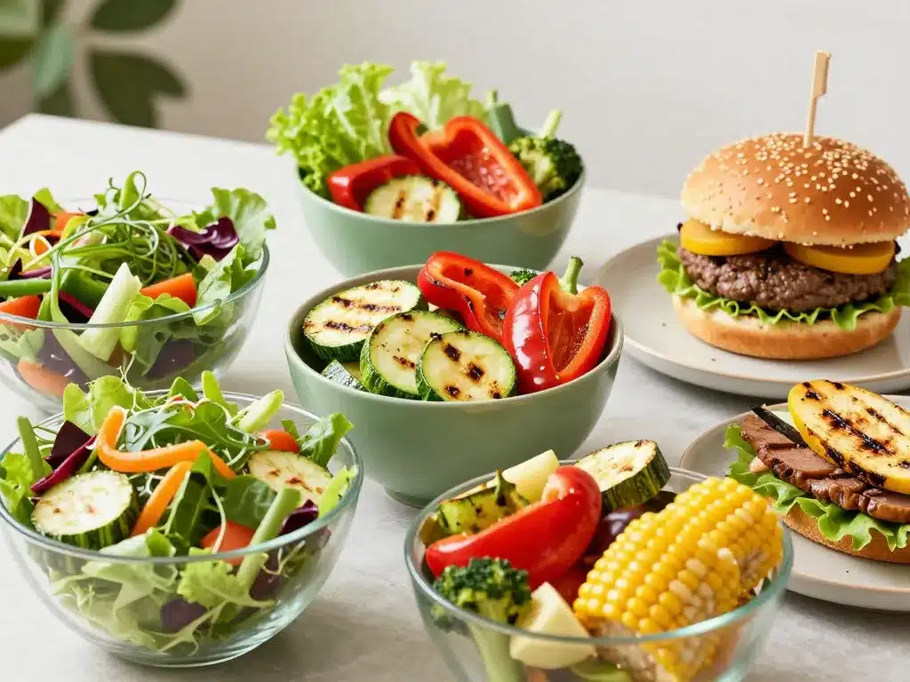accompagnement burger salades variées et légumes grillés