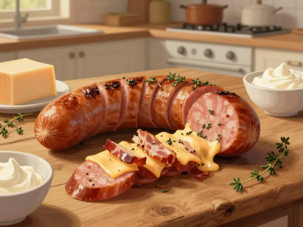 Ingrédients cervelas Orloff sur table de cuisine