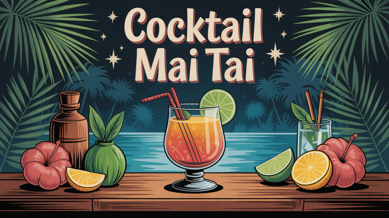 cocktail mai tai sur bar tiki avec agrumes et menthe
