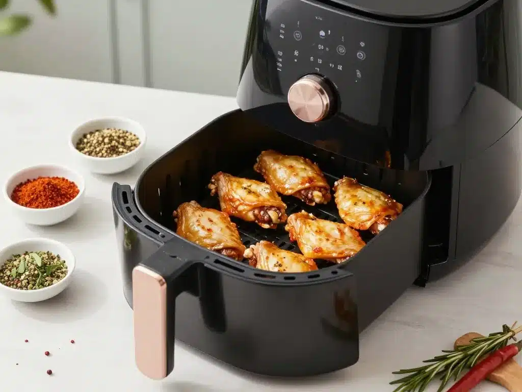 Air fryer bien organisé avec ailes de poulet et assaisonnements