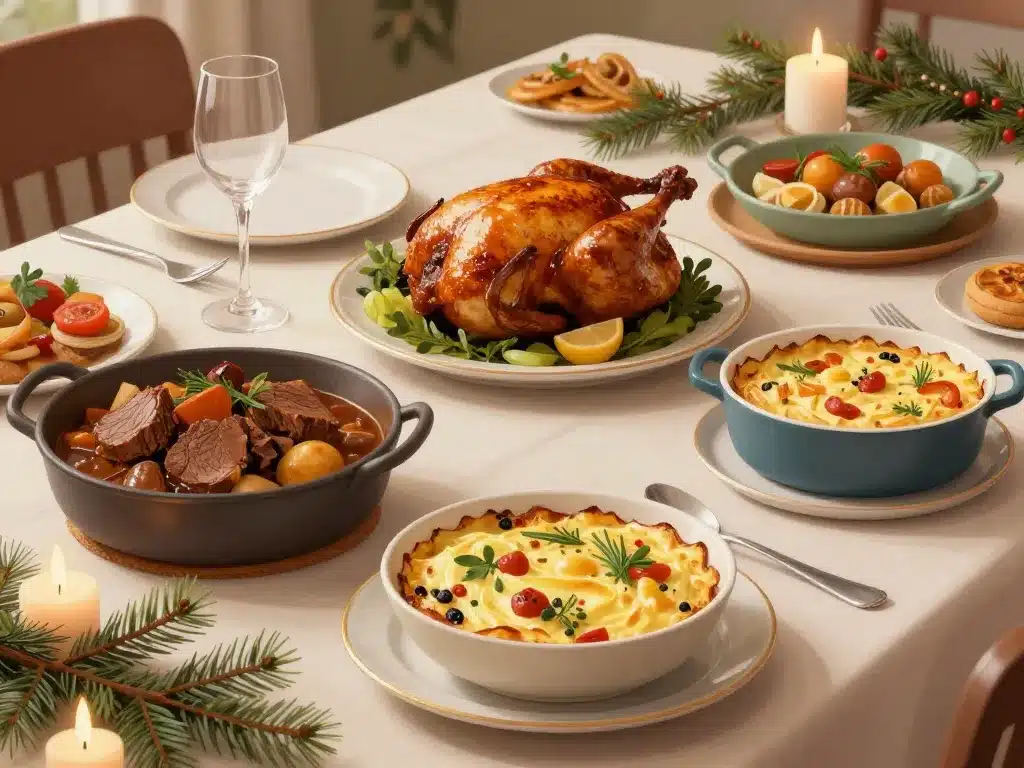plats festifs à faire la veille viandes et gratin sur table