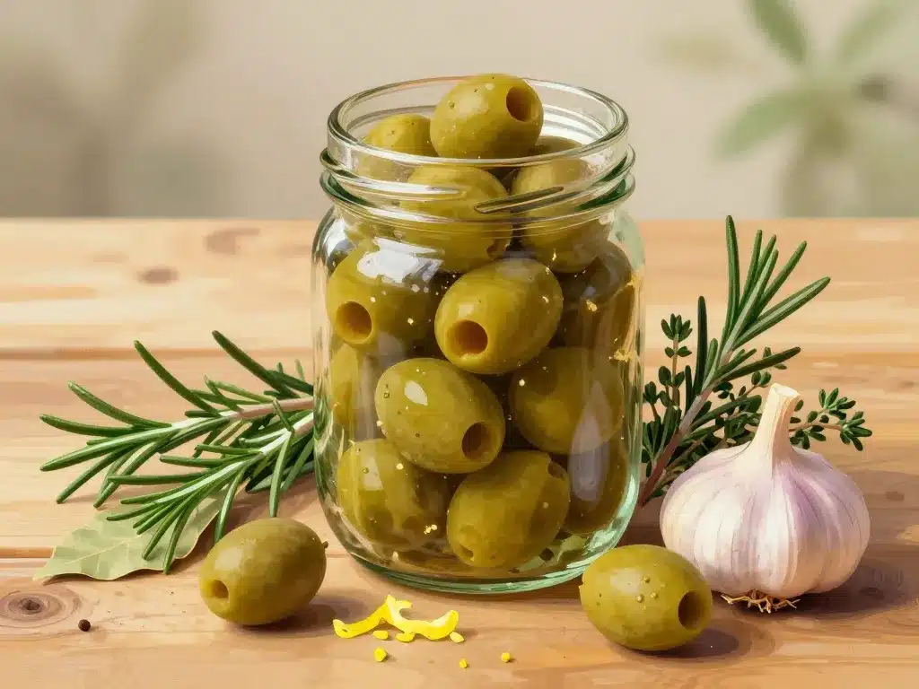 Saumure aromates préparation olives vertes bicarbonate de soude