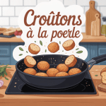 Illustration recette croûtons à la poêle sur plan de travail