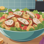 salade de pâtes au poulet en grand saladier avec poulet et légumes