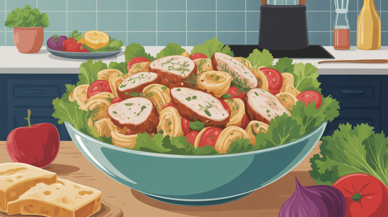 salade de pâtes au poulet en grand saladier avec poulet et légumes