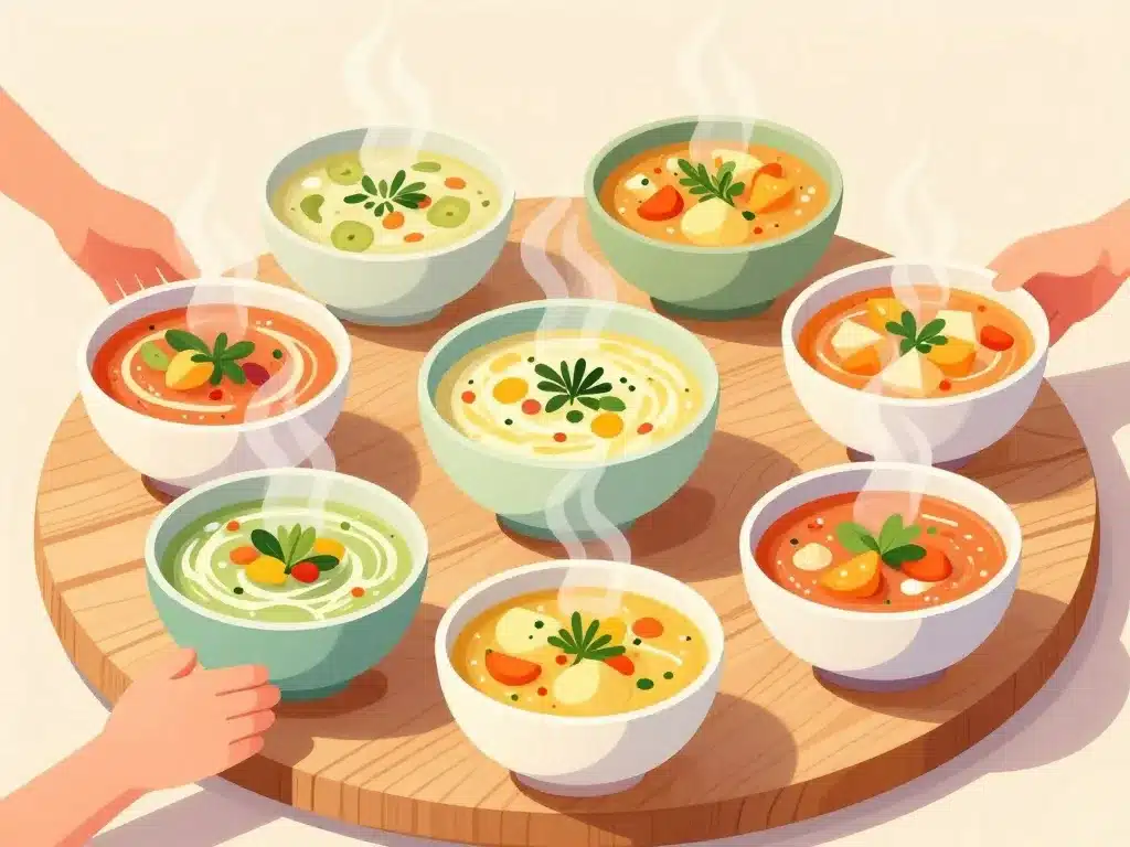 divers bols soupe au chou blanc et garnitures