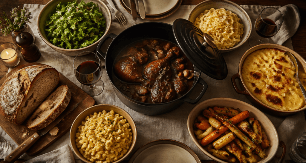 accompagnement coq au vin sur table rustique