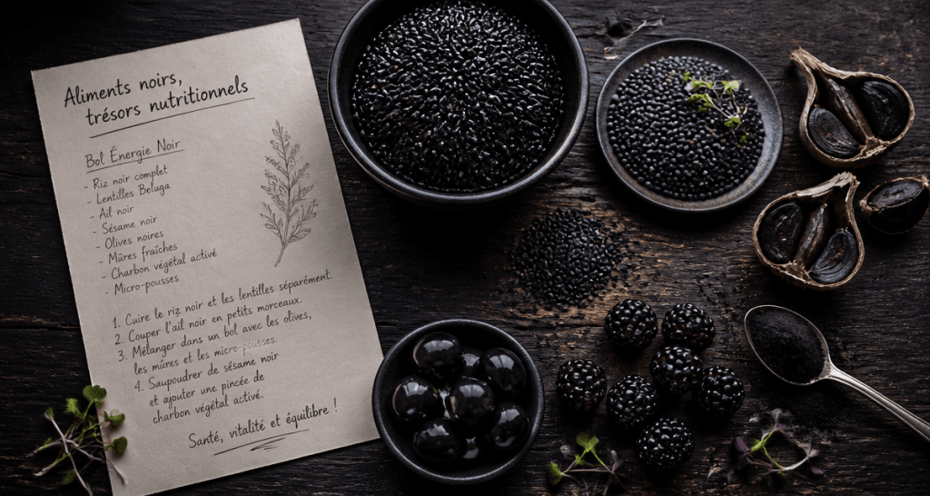 Flat-lay aliments noirs sur table, riz noir, ail noir, mûres