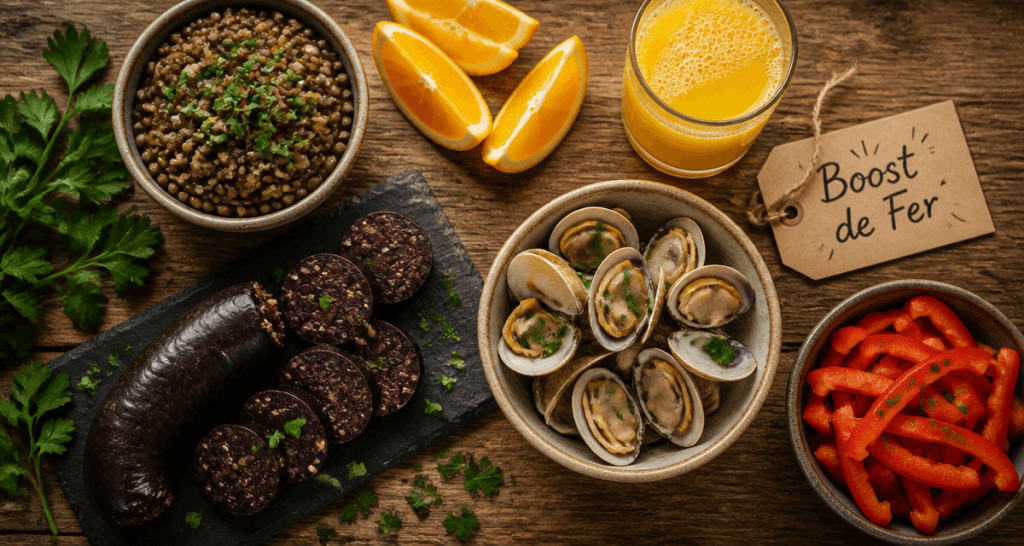 aliment pour manque de fer boudin noir lentilles palourdes agrumes
