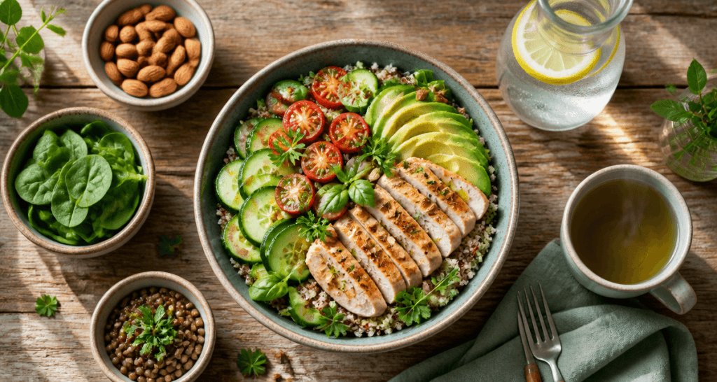 aliment pour perdre le ventre bol quinoa poulet avocat