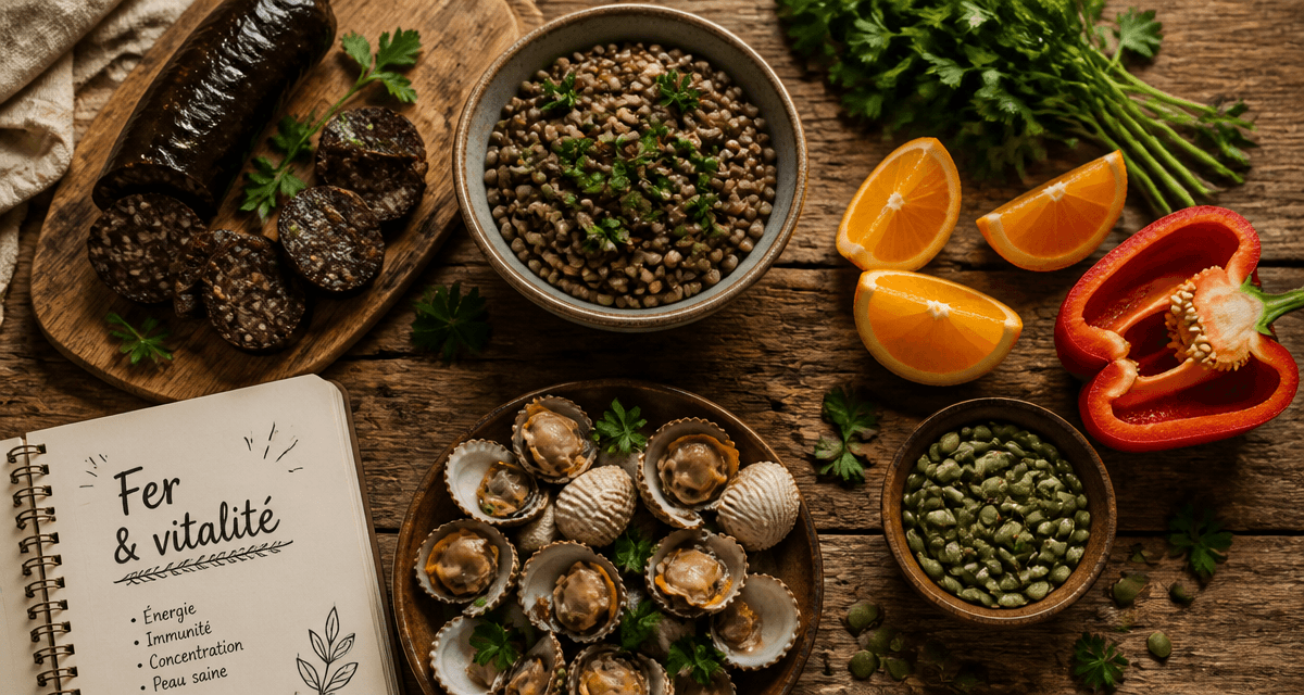 aliment riche en fer anemie sur table rustique