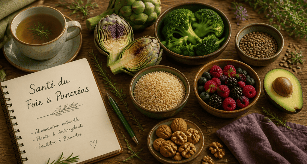 aliments bons pour le foie et le pancreas en vue flat-lay