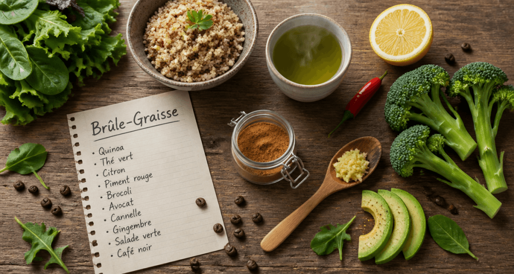 aliments brûle graisse en flat-lay sur table