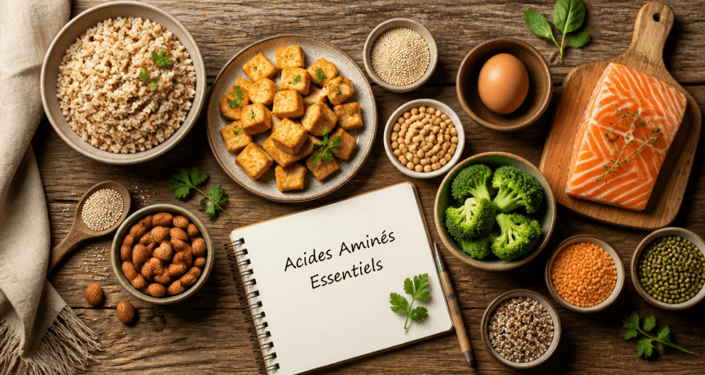 aliments et acides amines essentiels en vue de dessus