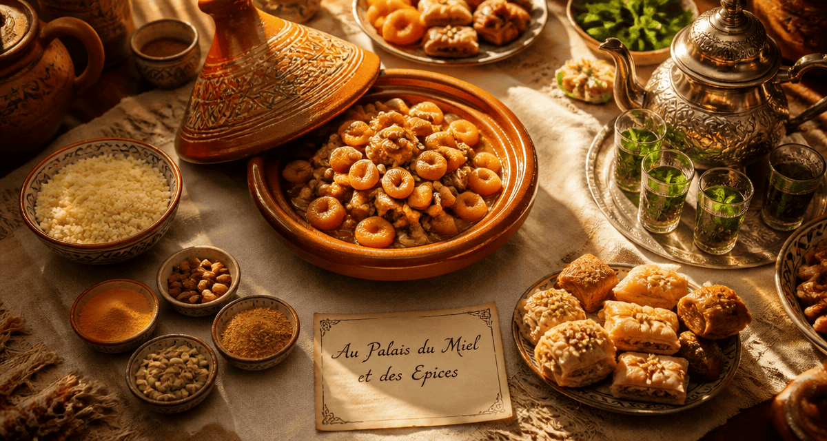 Au Palais du Miel et des Epices table avec tajine, couscous et pâtisseries