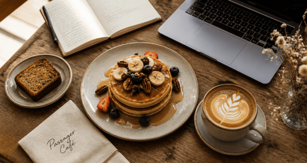 Brunch Passager Cafe pancakes flat white