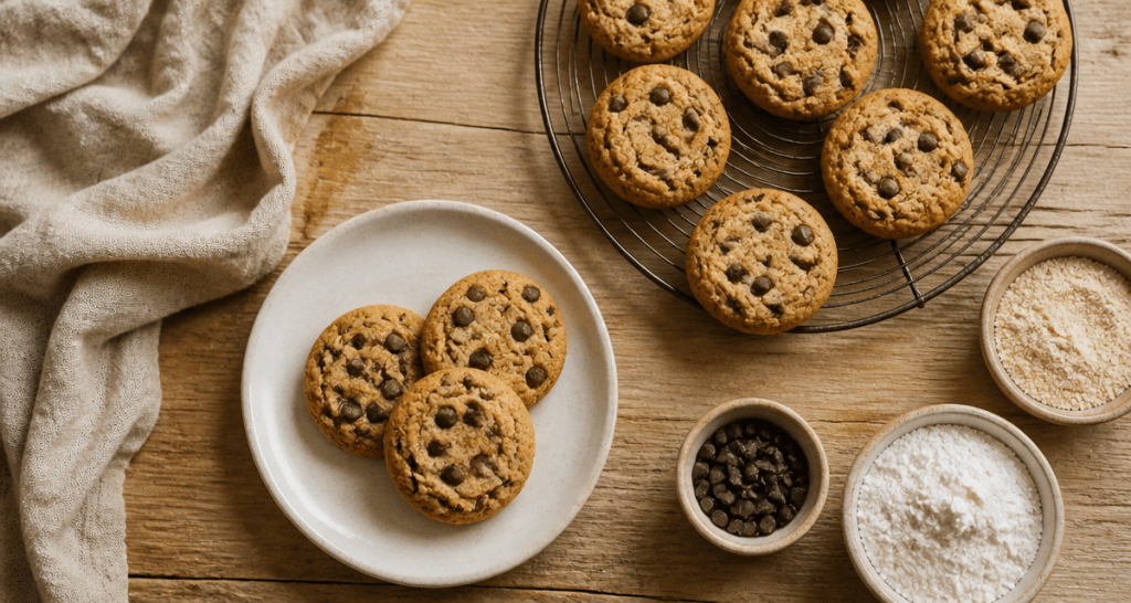 Cookies sans gluten sur table en bois avec ingrédients