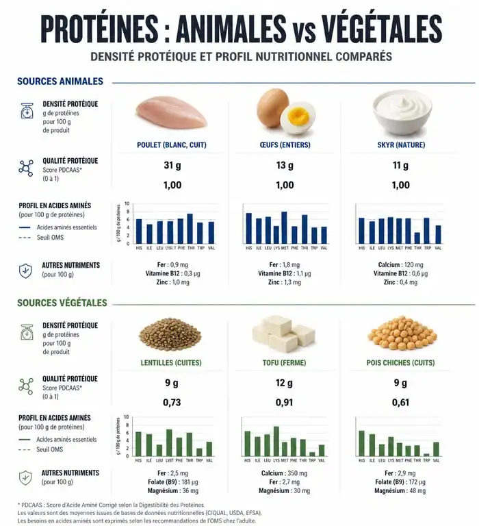 Infographie comparant les sources de protéines animales et végétales pour une alimentation équilibrée