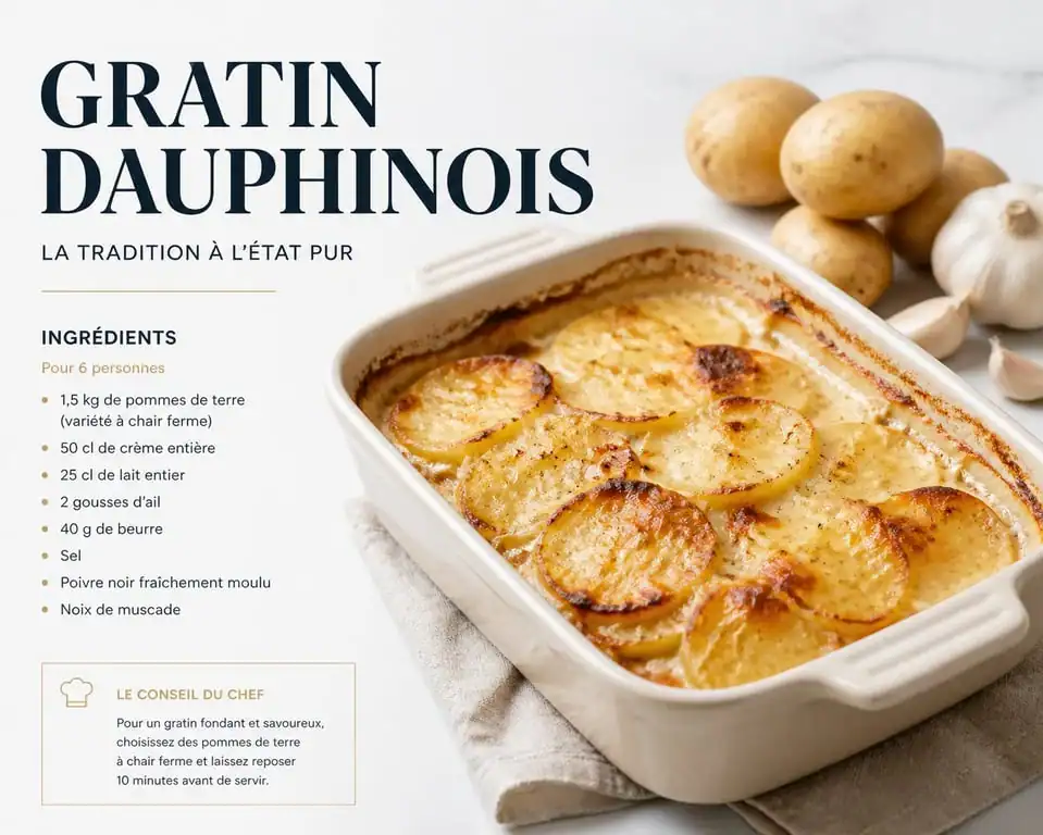 Gratin dauphinois traditionnel préparé avec 1 kg de pommes de terre
