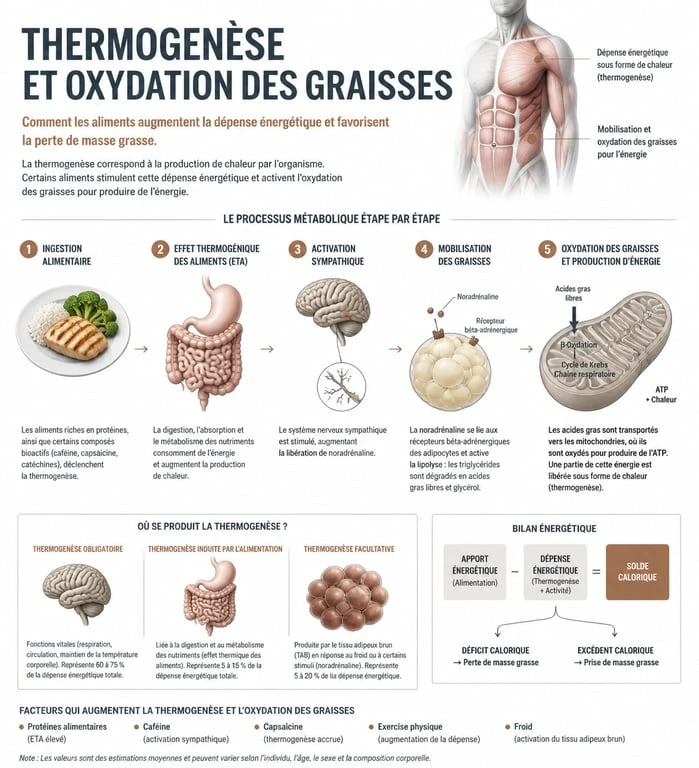 Infographie expliquant les mécanismes des aliments brûle-graisse et la thermogenèse