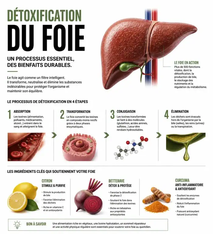 Infographie sur les bienfaits des ingrédients pour une cure de jus detox pour le foie