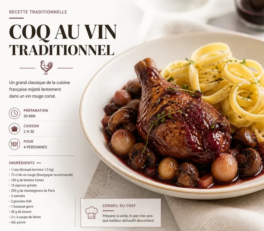 Coq au vin traditionnel accompagné de tagliatelles fraîches pour un repas gastronomique