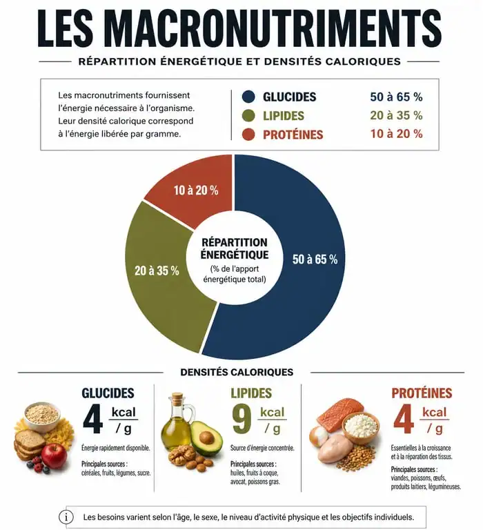 Infographie comparative des macronutriments glucides lipides protéines pour l'équilibre alimentaire