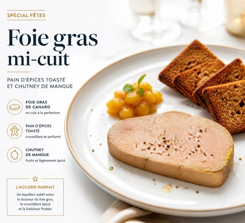 Foie gras servi avec pain d'épices et chutney de mangue pour une dégustation raffinée