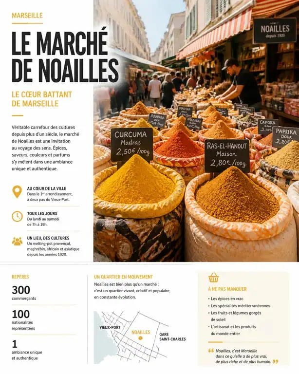 Marché de Noailles à Marseille avec ses étals d'épices colorés