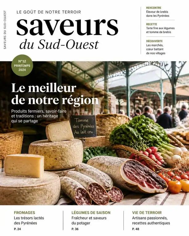Étal de produits locaux sur le marché de Tarbes avec fromages et charcuteries de Bigorre