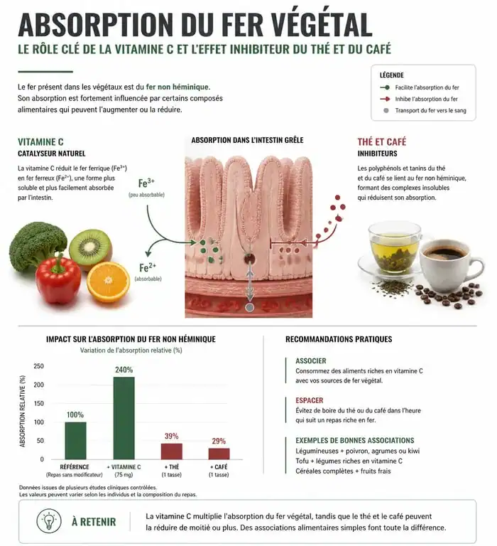Infographie sur l'absorption des fruits et légumes riches en fer et le rôle de la vitamine C