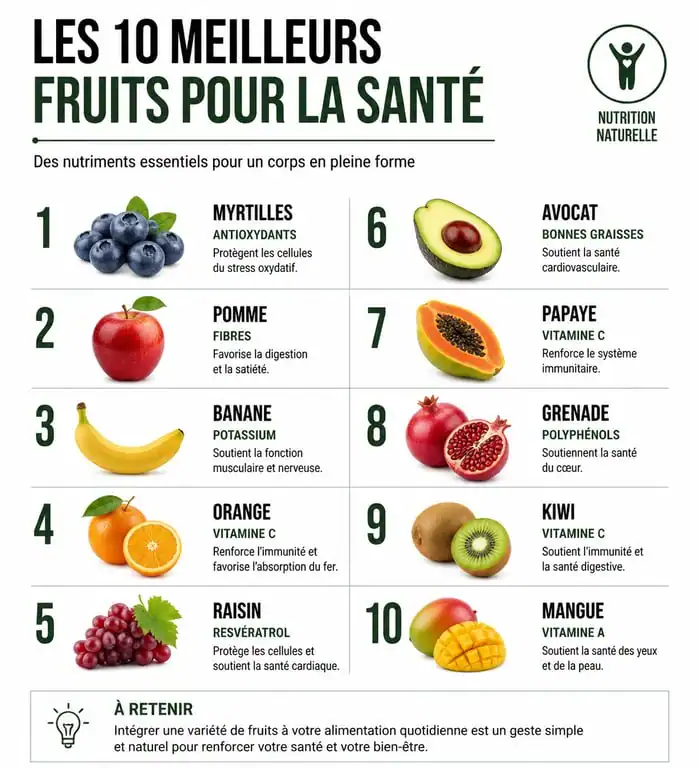 Infographie des 10 meilleurs fruits pour la santé et leurs bienfaits nutritionnels