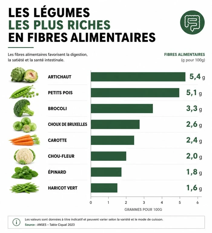 Infographie comparative des légumes riches en fibres alimentaires et leurs bienfaits nutritionnels pour la santé digestive.