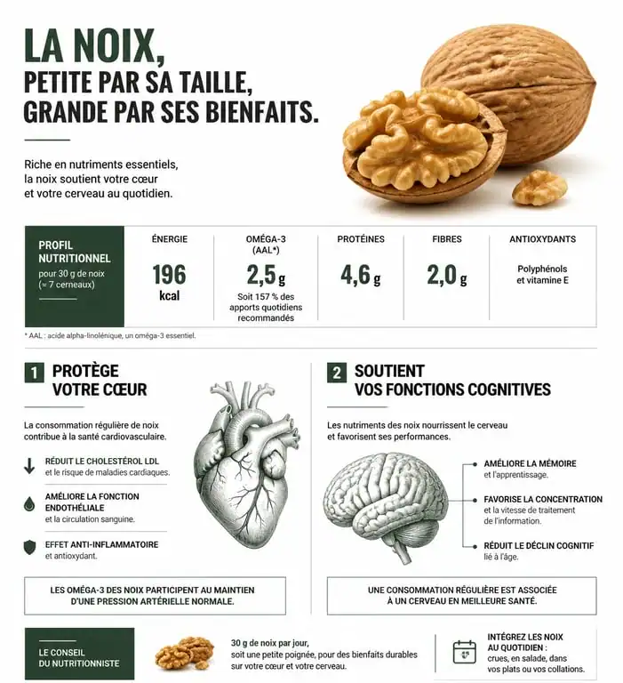 Infographie des bienfaits des noix pour la santé et leurs apports nutritionnels