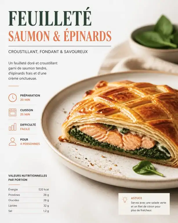 Feuilleté au saumon et épinards croustillant, recette avec de la pâte feuilletée