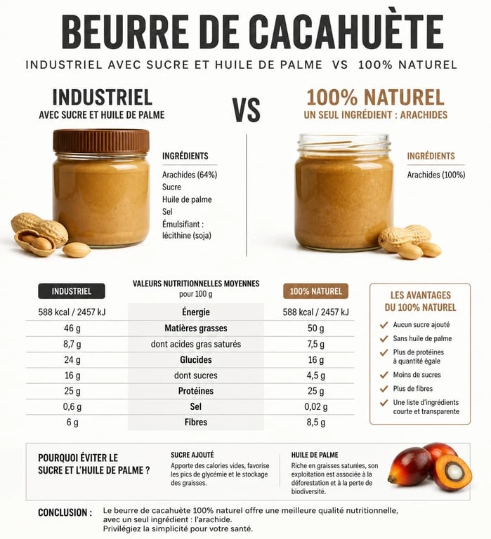 Infographie comparative des bienfaits nutritionnels du beurre de cacahuète sans sucre versus version industrielle