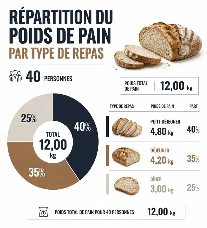 Infographie illustrant la quantité de pain nécessaire pour 40 personnes selon le type de repas.