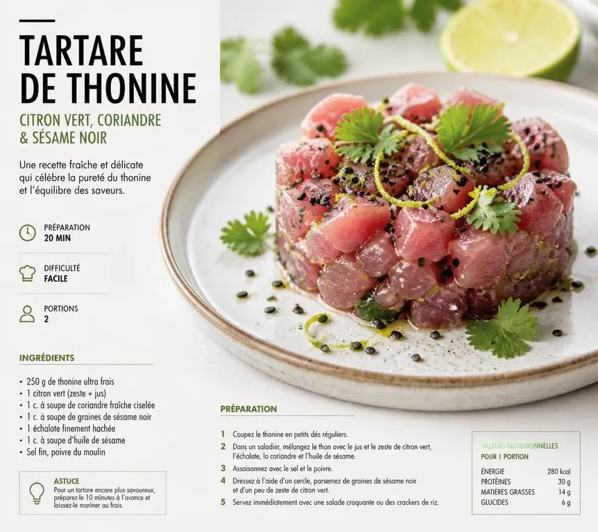 Tartare de thonine crue préparé avec du gingembre et du citron vert dans une assiette