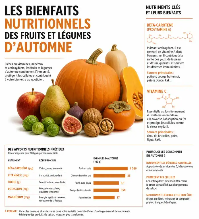 Infographie des bienfaits nutritionnels des fruits et légumes d'automne
