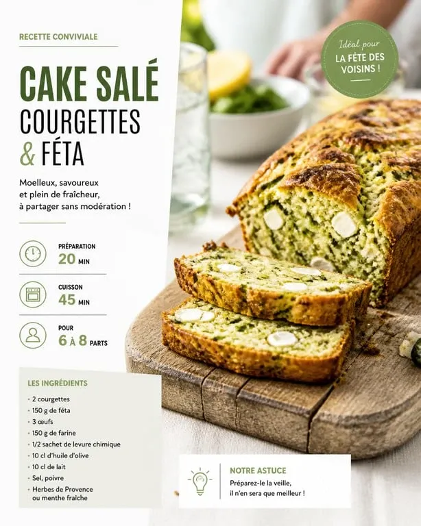 Cake salé aux courgettes et féta pour la fête des voisins, présenté sur un plateau