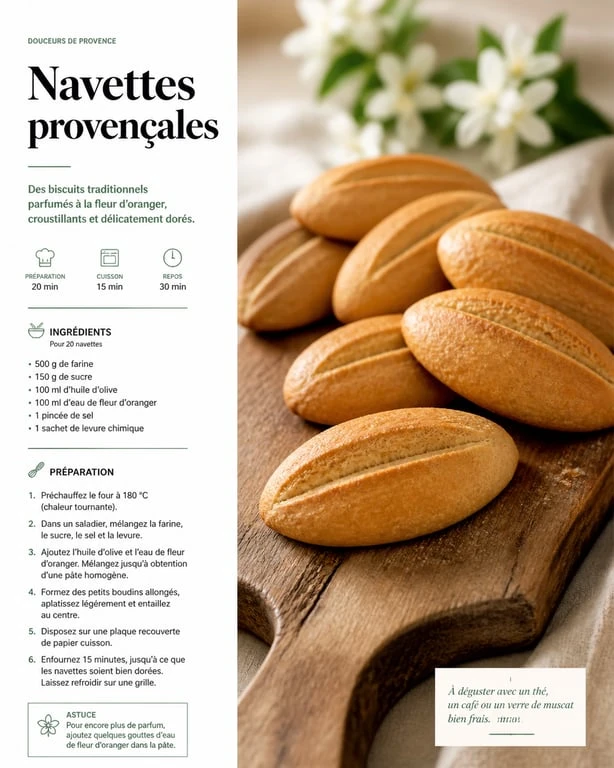 Navettes provençales traditionnelles à la fleur d'oranger disposées sur une planche en bois