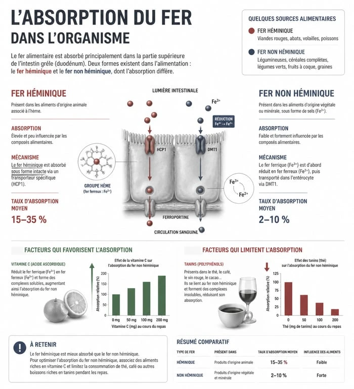 Infographie sur l'absorption du fer et les aliments riches en fer pour lutter contre l'anémie