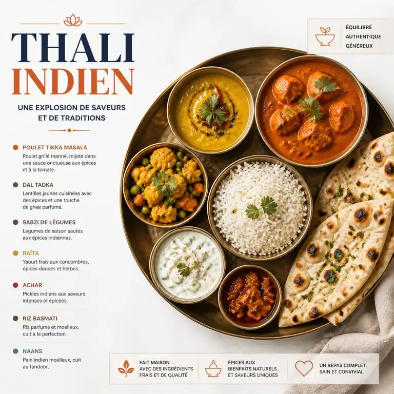 Plateau Thali indien traditionnel avec poulet tikka masala et accompagnements pour un repas indien complet