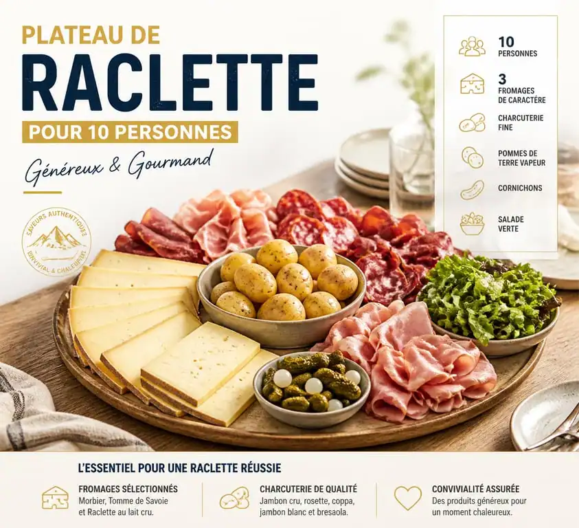 Plateau de raclette complet pour 10 personnes avec fromage, charcuterie et accompagnements