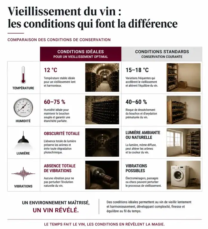 Infographie des conditions optimales pour une cave à vin de vieillissement