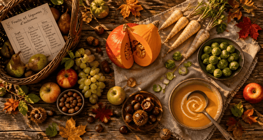 fruit et legume automne sur table bois