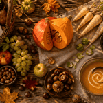 fruit et legume automne sur table bois
