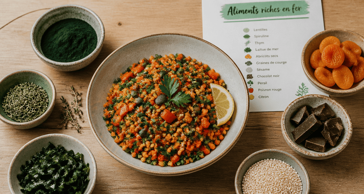 fruits et legumes riches en fer sur une table