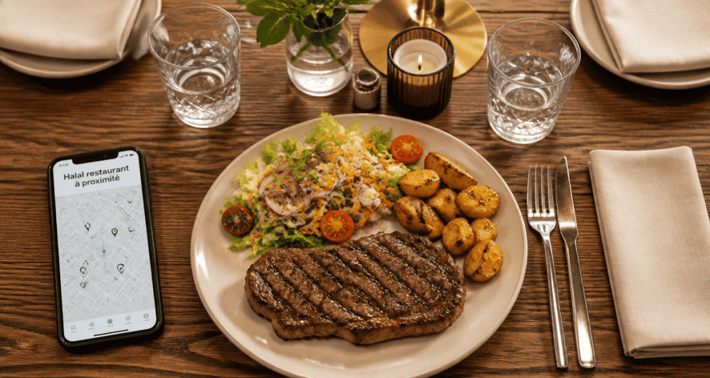 halal restaurant à proximité table dressée steak