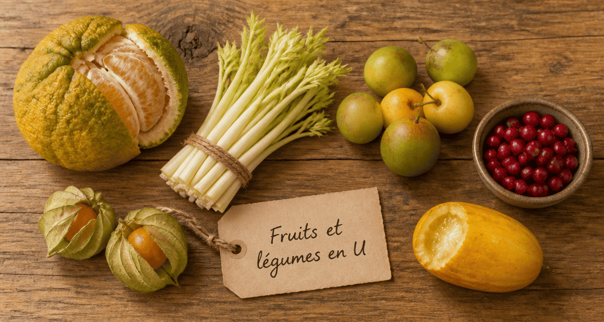 Légume fruit en U, six variétés rares sur table